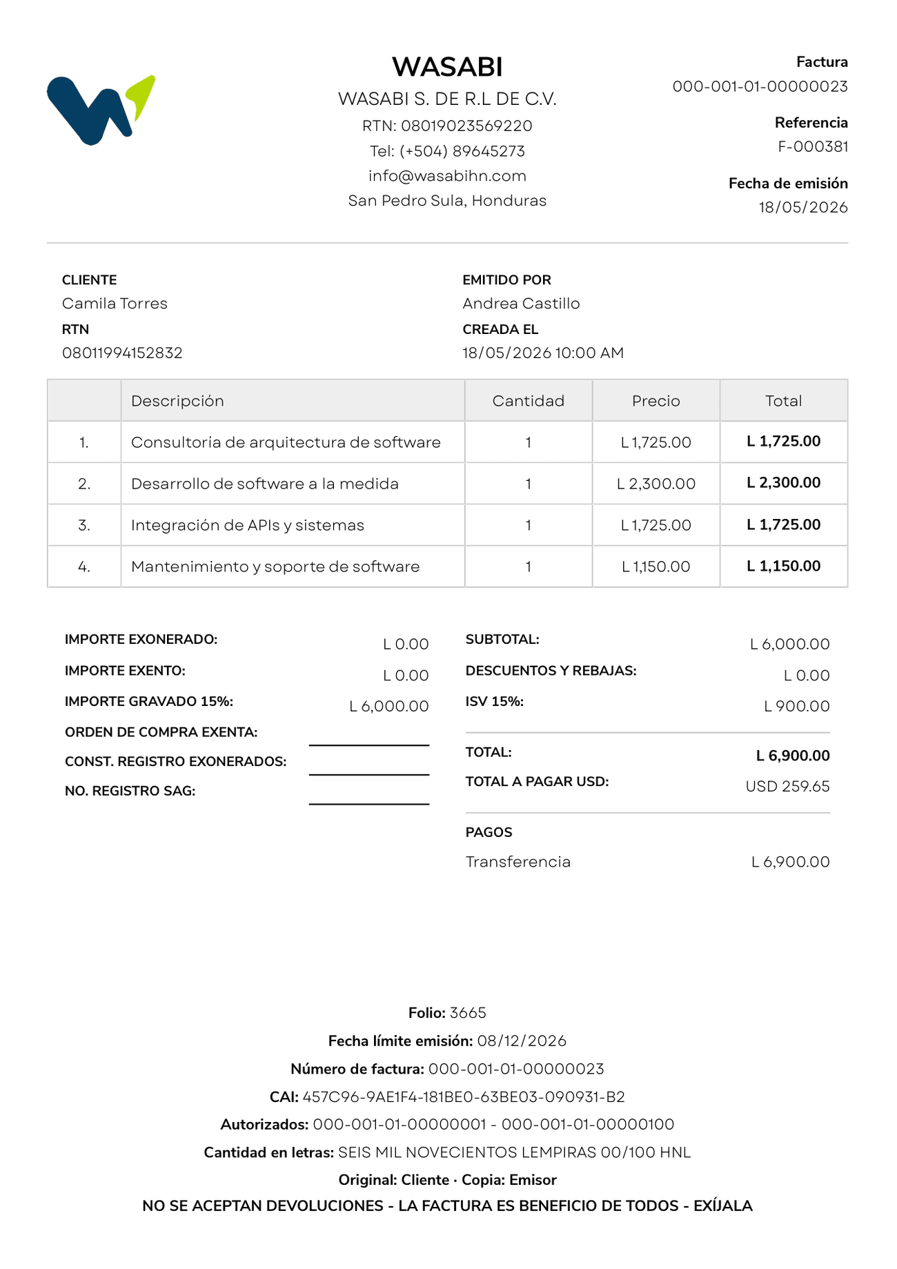 Factura fiscal generada con software de Wasabi, con RTN, CAI, rango autorizado, desglose de impuestos y fecha límite de emisión (datos de ejemplo)